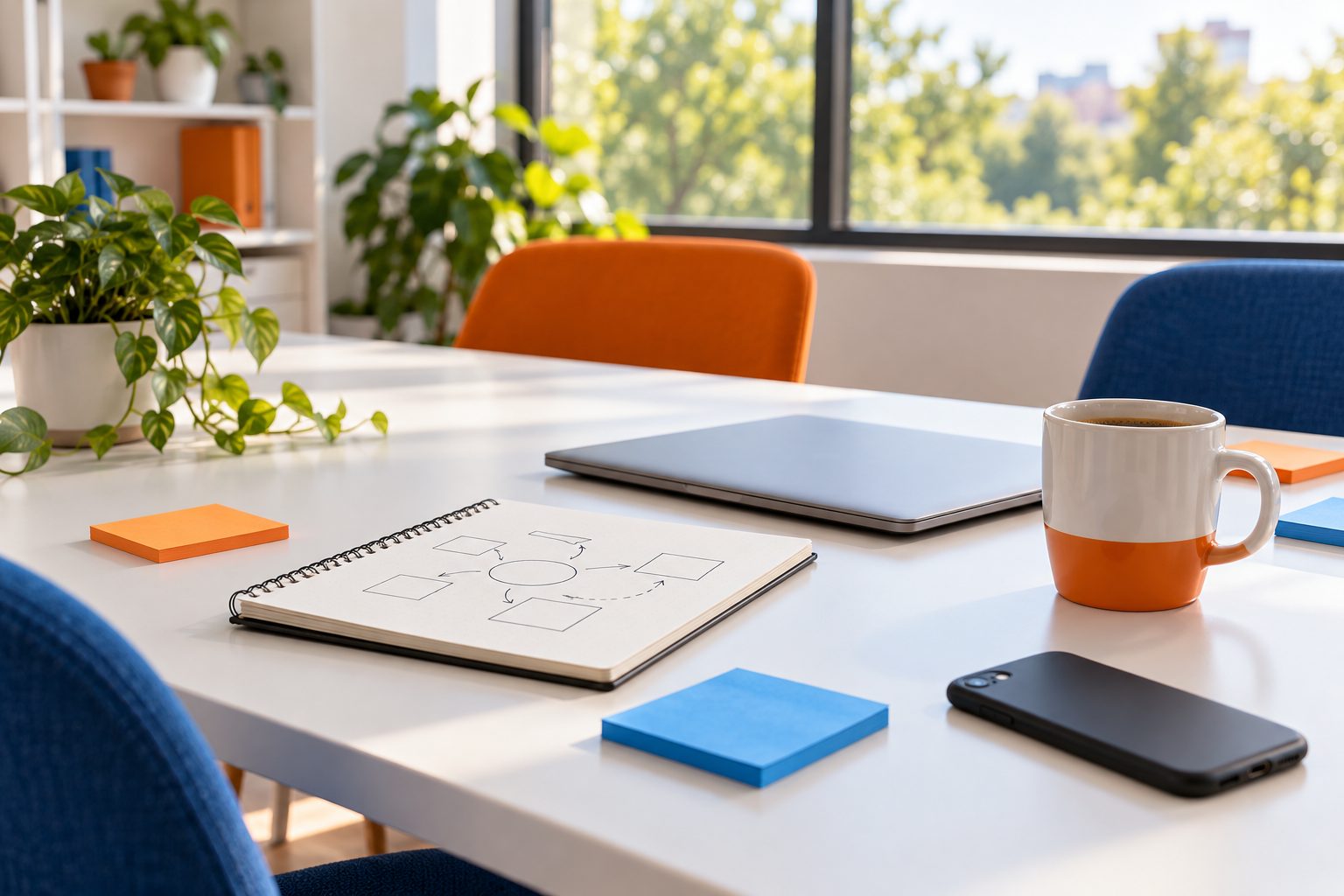 Bright meeting table with a sketched plan in a notebook, orange and blue sticky notes, a laptop and coffee
