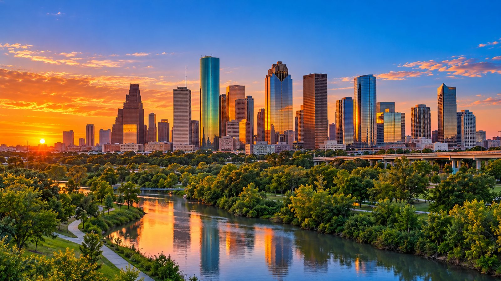 Downtown Houston skyline at sunset above Buffalo Bayou and its green park