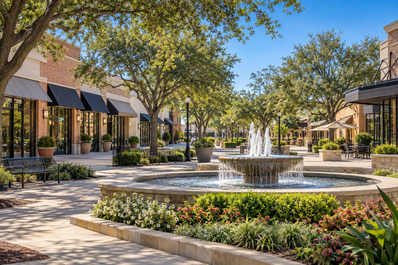 Shaded shopping plaza with brick shopfronts, live oak trees and a fountain on a sunny day