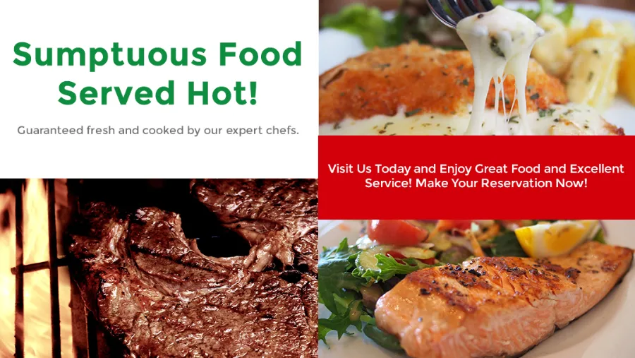 Sample restaurant social media cover: Sumptuous Food Served Hot!, with photos of grilled steak and salmon